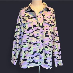 Wildfang “The Essential Shacket” in pink/yellow/black Camo Print